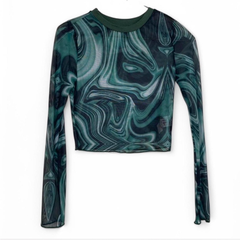 Mint Green Swirl Long Sleeve Mesh Crop Top